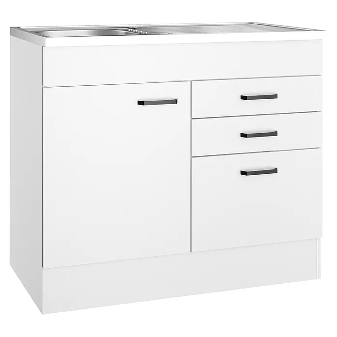 Optifit Optimulti Spülenunterschrank Bonn214 - 60 x 100 x 88 cm, Dekor Front: Weiß - Weißer Küchenspülenschrank mit integrierter Spüle, Abtropffläche, Tür und drei Schubladen mit schwarzen Griffen.