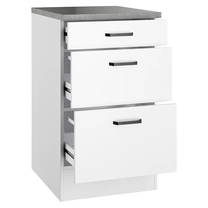 Optifit Optimulti Küchen-Unterschrank Bonn214 - B x T x H: 50 x 60 x 88 cm, Weiß/Grau - Weißer Schubladenschrank mit grauer Platte und drei teilweise geöffneten Schubladen, die Schienen zeigen.