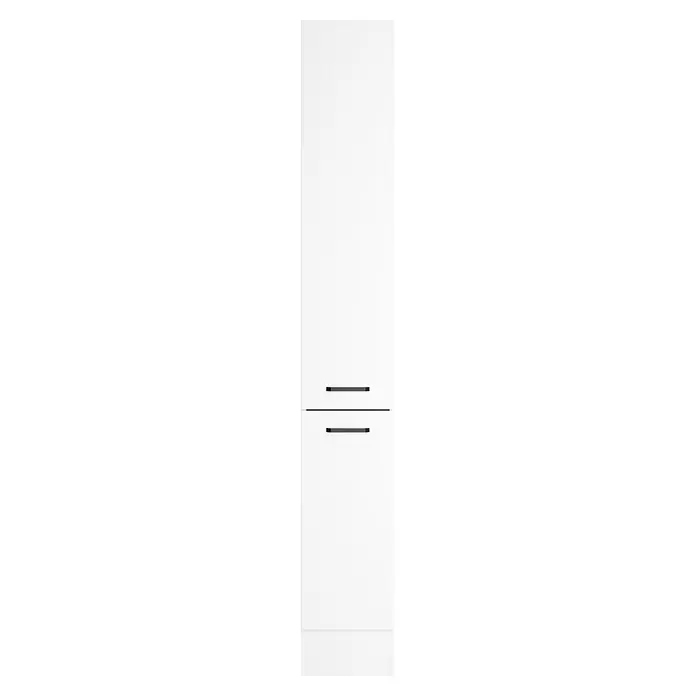 Optifit Optimulti Küchen-Hochschrank Bonn214 - B x T x H: 30 x 55,5 x 210 cm, Weiß - Weißer Kühlschrank mit zwei separaten Fächern und schwarzen Stabgriffen.