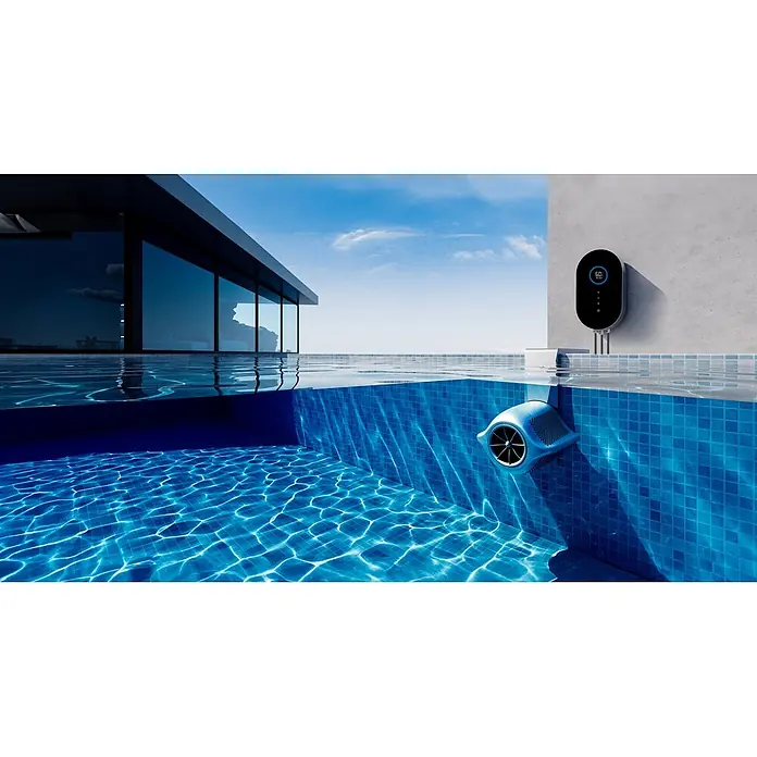 iGarden Gegenstromanlage InverJet P 100 - Durchflussmenge: 100 m³ - Schwarzes Smart-Bedienfeld über einem gefliesten Pool, mit einem passenden Gerät im Wasser.