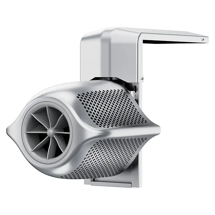 iGarden Gegenstromanlage InverJet P 100 - Durchflussmenge: 100 m³ - Silberne, wandmontierte Lüftungseinheit aus Metall mit sichtbaren Ventilatorflügeln und perforiertem Gitter.