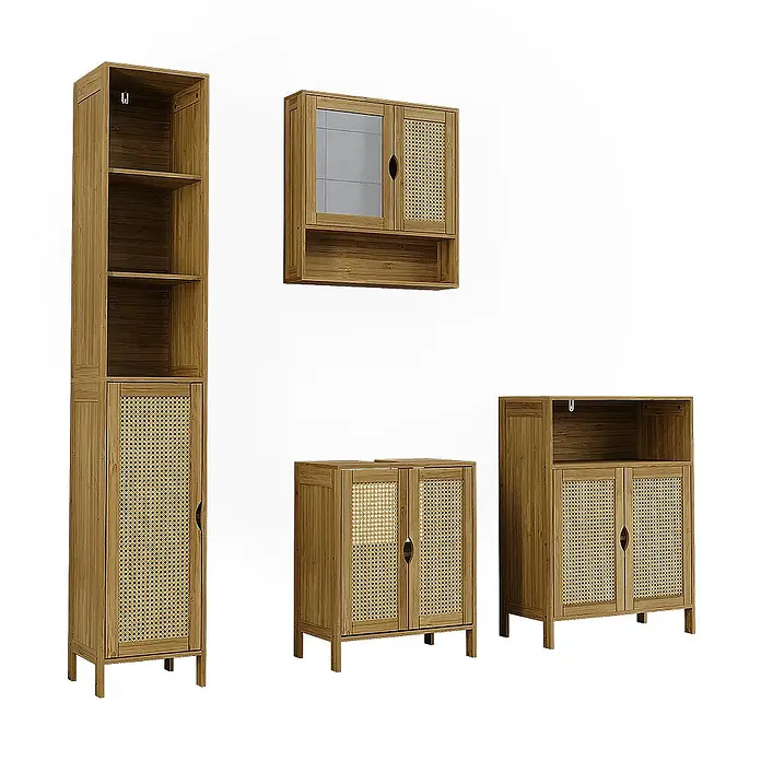 Vicco Badmöbel-Set Liora Bambus 4 Teile - Bambus, Matt - Set aus hellbraunen Holz- und Rattanschränken, mit Hochschrank, Wandschrank und zwei kleineren Unterschränken.