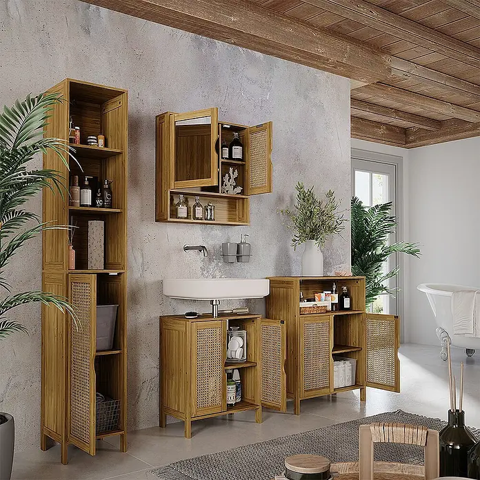 Vicco Badmöbel-Set Liora Bambus 4 Teile - Bambus, Matt - Badezimmermöbelset aus natürlichem Bambus mit Hochschrank, Spiegelschrank und Unterschränken zur Organisation.