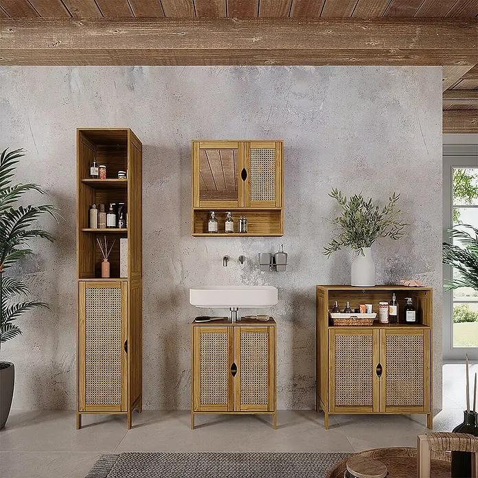 Vicco Badmöbel-Set Liora Bambus 4 Teile - Bambus, Matt - Badezimmermöbel-Set aus hellem Holz und Rattan: Hochschrank, Waschtisch mit Waschbecken, Wandschrank, Unterschrank.