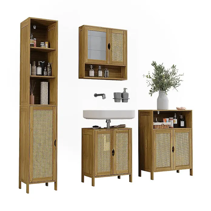 Vicco Badmöbel-Set Liora Bambus 4 Teile - Bambus, Matt - Set heller Badmöbel aus Holz mit Rattan-Details: ein Hochschrank, Wandschrank mit Spiegel, Waschbeckenunterschrank und Kommode.