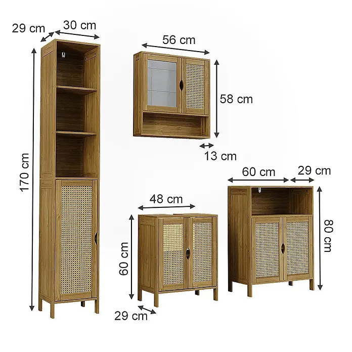 Vicco Badmöbel-Set Liora Bambus 4 Teile - Bambus, Matt - Set aus Naturholz- und Rattan-Aufbewahrungsmöbeln mit verschiedenen Schränken und Regalen, detailliert mit Maßen.