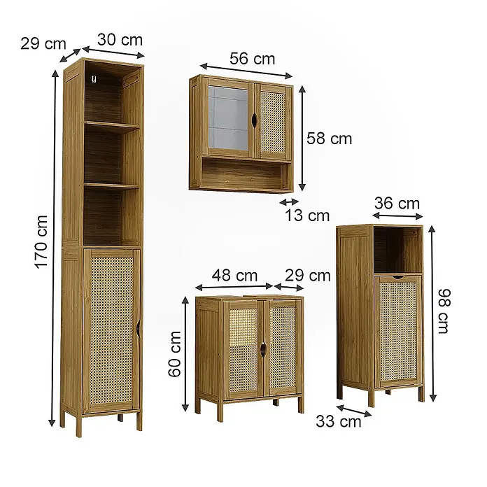 Vicco Badmöbel-Set Liora Bambus 4 Teile - Bambus, Matt - Set aus vier natürlichen Holz- und Rattan-Badschränken, darunter ein hoher Hochschrank, Wandschrank und zwei kleinere Unterschränke.