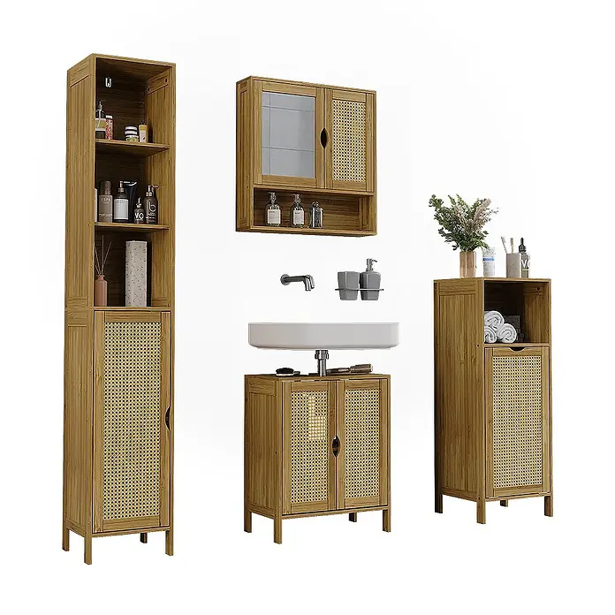 Vicco Badmöbel-Set Liora Bambus 4 Teile - Bambus, Matt - Badmöbel-Set aus Naturholz mit Rattan-Details: Hochschrank, Wandschrank, Waschbeckenunterschrank und Beistellschrank.