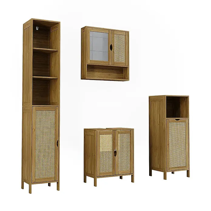 Vicco Badmöbel-Set Liora Bambus 4 Teile - Bambus, Matt - Set aus hellbraunen Holz- und Rattan-Schränken: Hochschrank, Wandschrank und zwei Bodenschränke.