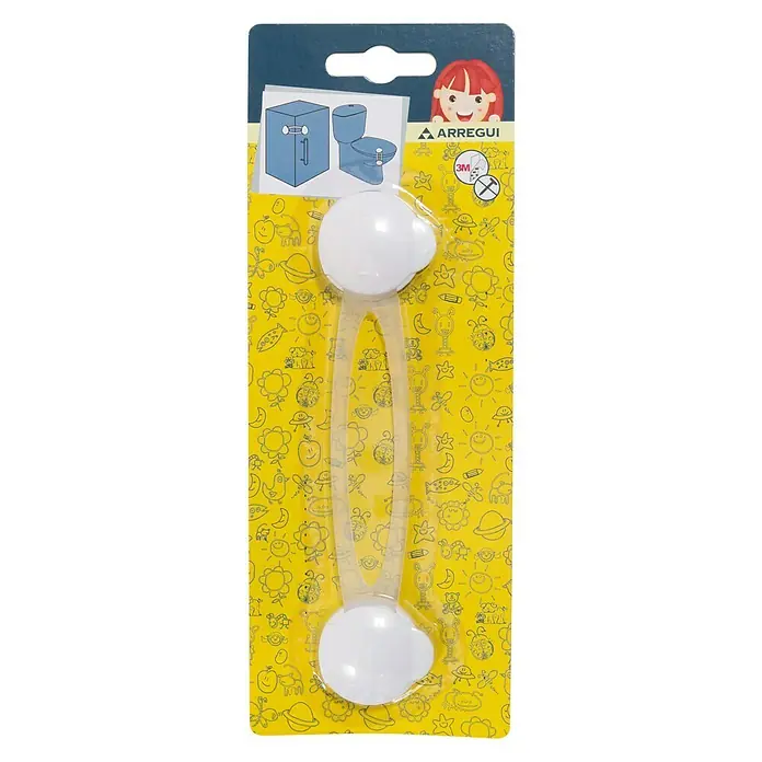 Arregui Cierre para muebles A-1044070 - L x An: 16 x 3,8 cm, Blanco - Cierre de seguridad infantil para armarios y cajones de Arregui con fondo amarillo y juguetón para proteger a los niños de peligros domésticos.