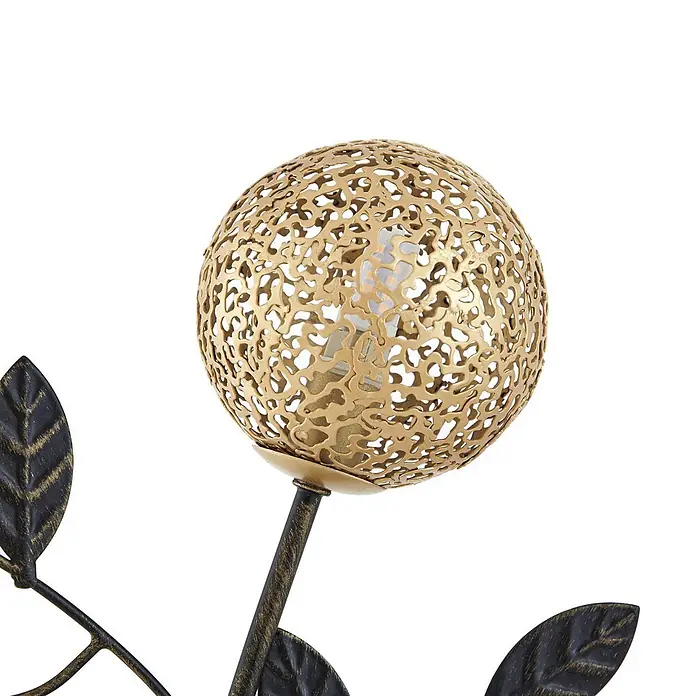 Lucande Stehleuchte Evory - schwarz, messing / gold, G9 - Goldener, filigraner, kugelförmiger Metall-Lampenkopf mit sichtbarer Birne, auf dunklem Stiel mit Blättern.