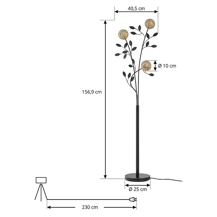 Lucande Stehleuchte Evory - schwarz, messing / gold, G9 - Schwarze Stehlampe mit Blattzweigen und drei goldenen, strukturierten Kugelleuchten. 156,9 cm hoch, 40,5 cm breit.
