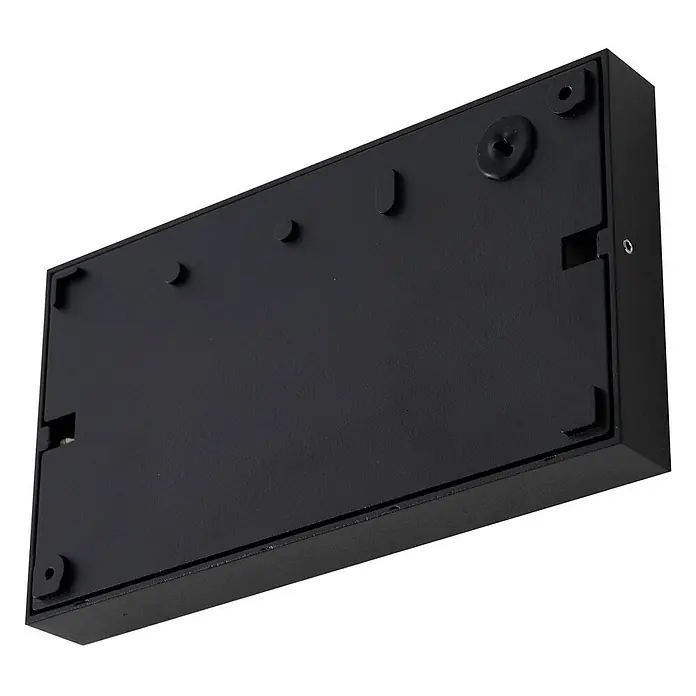 Lucande Außenwandleuchte Weno - 3,5 x 22,7 x 12,7 cm, schwarz, IP65 - Schwarze rechteckige Leuchte, Rückansicht mit Befestigungspunkten und Schutzfüßen.