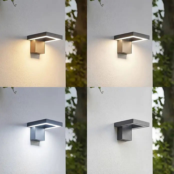 Lindby Außenwandleuchte Orbin - alu / grau / zink, IP54 - Moderne dunkelgraue LED-Außenwandleuchte, quadratisch, zeigt warmweißes, neutralweißes, kaltweißes Licht und den Aus-Zustand.