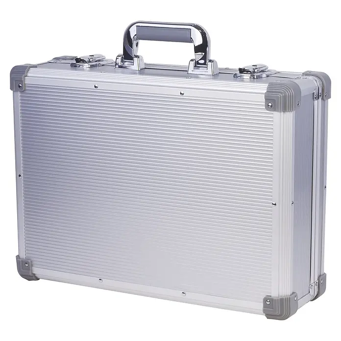 Wisent Maschinenkoffer - L x B x H: 450 x 145 x 320 mm, Aluminium, Ohne Werkzeug - Robuster silberner Aluminiumkoffer mit geriffelter Textur, grauem Griff und Schutzecken.