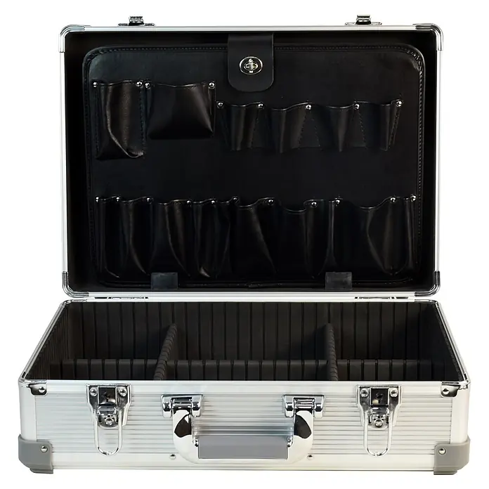 Wisent Maletín para herramientas Standard - L x An x Al: 450 x 145 x 320 mm, Aluminio, No incluye herramientas - Maleta de herramientas de aluminio plateado abierta con interior negro, bolsillos en la tapa y divisores ajustables.