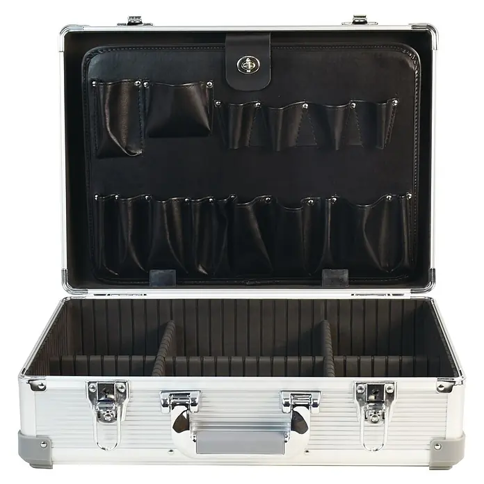 Wisent Maschinenkoffer - L x B x H: 450 x 145 x 320 mm, Aluminium, Ohne Werkzeug - Offener silberner Aluminium-Aufbewahrungskoffer mit schwarzem Innenraum, Organizer-Taschen im Deckel und unterteiltem Fach.