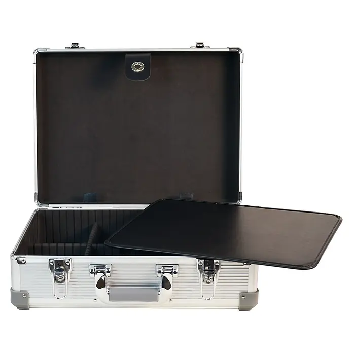 Wisent Maschinenkoffer - L x B x H: 450 x 145 x 320 mm, Aluminium, Ohne Werkzeug - Offener silberner Aluminiumkoffer mit schwarzem Innenraum, der Fächer und eine lose schwarze Ablage zeigt.