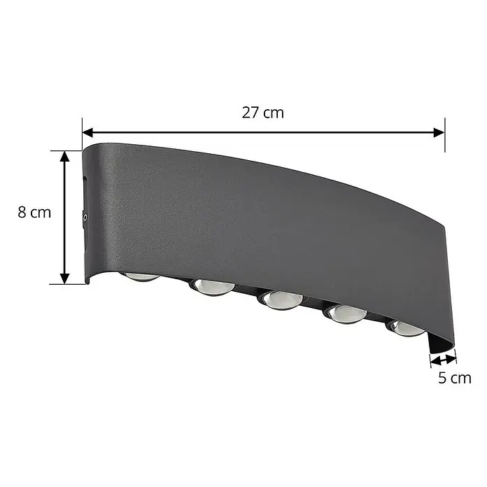 Lindby Außenwandleuchte Ithan - schwarz, IP54 - Dunkelgraue, gebogene Wandleuchte, 27x8x5 cm, mit mehreren LED-Spots unten, ideal für indirekte Außen- oder Innenbeleuchtung.