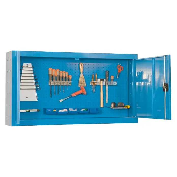Simonrack Simonwork Armario para herramientas Cabinet Tools - An x Pr x Al: 120 x 22 x 60 cm, Azul, Completamente montado - Armario de herramientas de pared con panel perforado y varias herramientas como destornilladores, martillo y llaves.