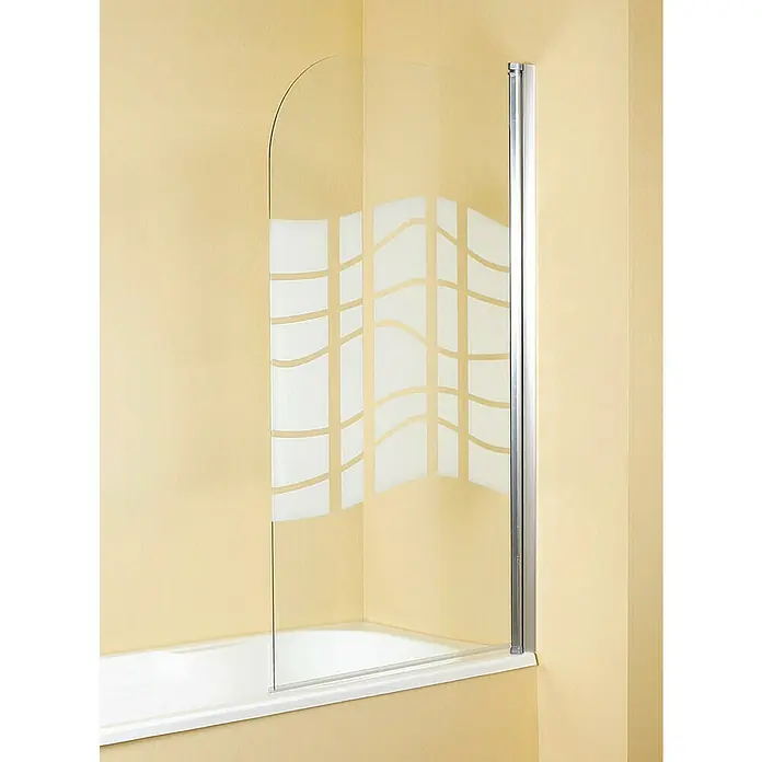 Mampara para bañera Ondas - An x Al: 80 x 140 cm, 1 ud., Plata - Primer plano de una mampara de ducha para bañera con un panel de vidrio transparente y un diseño ondulado blanco, fijada a la bañera.