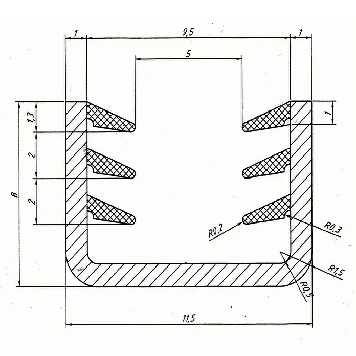 Perfil de sellado junta U 8-10 - L x An x Al: 200 cm x 11,5 mm x 8 mm - Dibujo técnico de un perfil en forma de U con dimensiones y detalles.