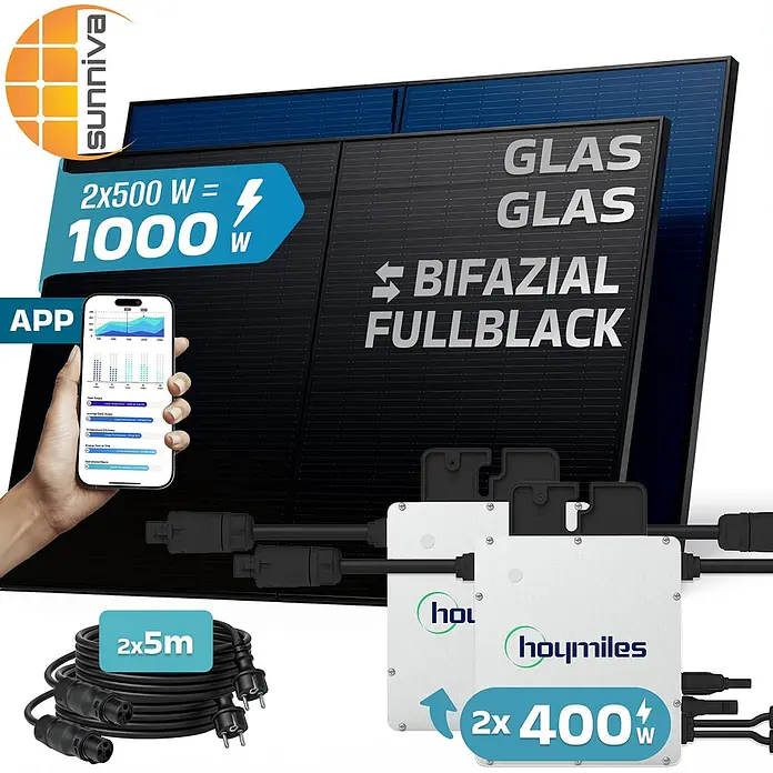 Sunniva Balkonkraftwerk-Set 1000 / 800 Watt mit HOYMILES Wechselrichter - Nennleistung: 800 W, L x B x H: 1.906 x 1.134 x 30 mm - Zwei schwarze bifaziale Glas-Glas Solarmodule (insgesamt 1000W) mit zwei 400W Hoymiles Mikro-Wechselrichtern, Kabeln und Überwachungs-App.