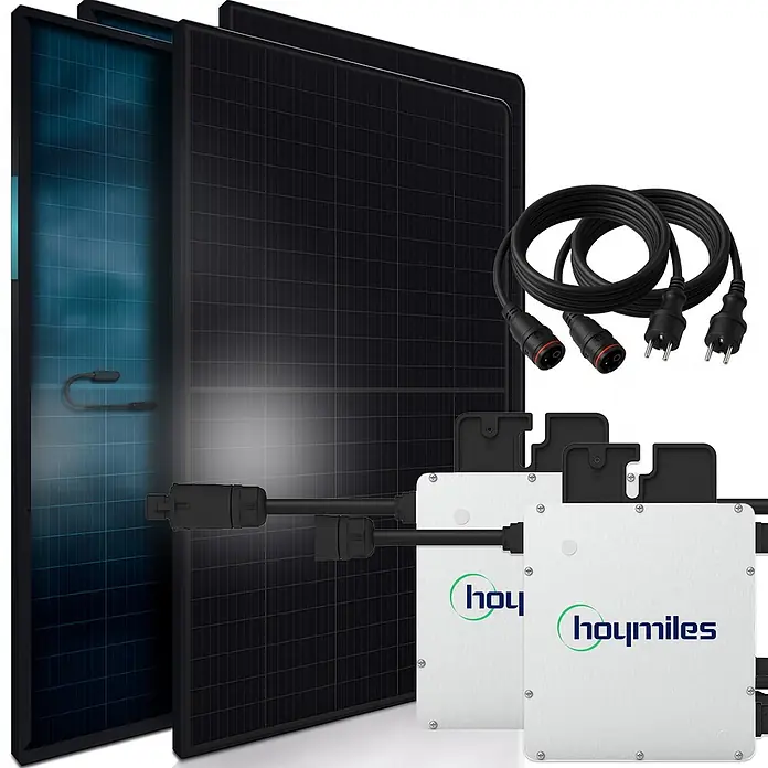 Sunniva Balkonkraftwerk-Set 920 / 800 Watt mit HOYMILES Wechselrichter - Nennleistung: 800 W - Zwei Solarmodule (blau und schwarz), zwei Hoymiles Mikrowechselrichter und Anschlusskabel für ein komplettes Solarenergie-Kit.