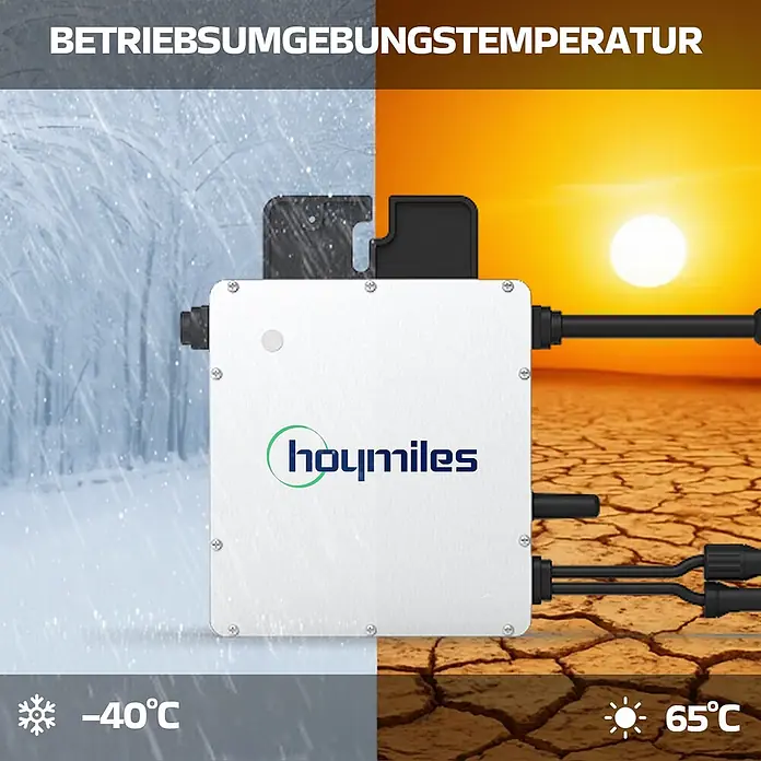 Sunniva Balkonkraftwerk-Set 1000 / 800 Watt mit HOYMILES Wechselrichter - Nennleistung: 800 W, L x B x H: 1.906 x 1.134 x 30 mm - Weißer Hoymiles Mikrowechselrichter, widerstandsfähig gegen extreme Temperaturen von -40°C bis +65°C.