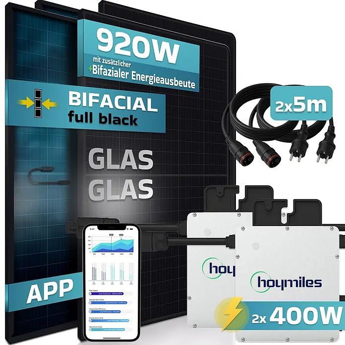 Sunniva Balkonkraftwerk-Set 920 / 800 Watt mit HOYMILES Wechselrichter - Nennleistung: 800 W - 920W bifaziales Glas-Glas-Solarpanel-Kit: zwei schwarze Paneele, zwei Hoymiles 400W Mikro-Wechselrichter, Kabel und eine Überwachungs-App.