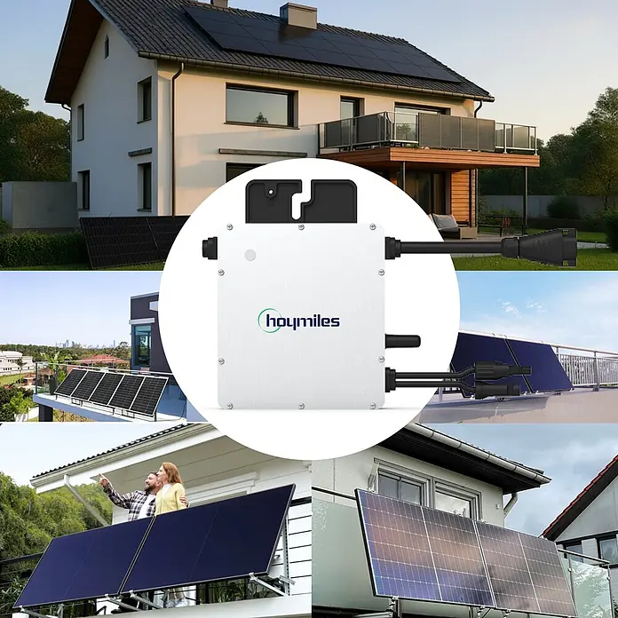 Sunniva Balkonkraftwerk-Set 1000 / 800 Watt mit HOYMILES Wechselrichter - Nennleistung: 800 W, L x B x H: 1.906 x 1.134 x 30 mm - Weißer Hoymiles Mikro-Wechselrichter, dargestellt mit verschiedenen Photovoltaikanlagen auf Wohnhäusern.