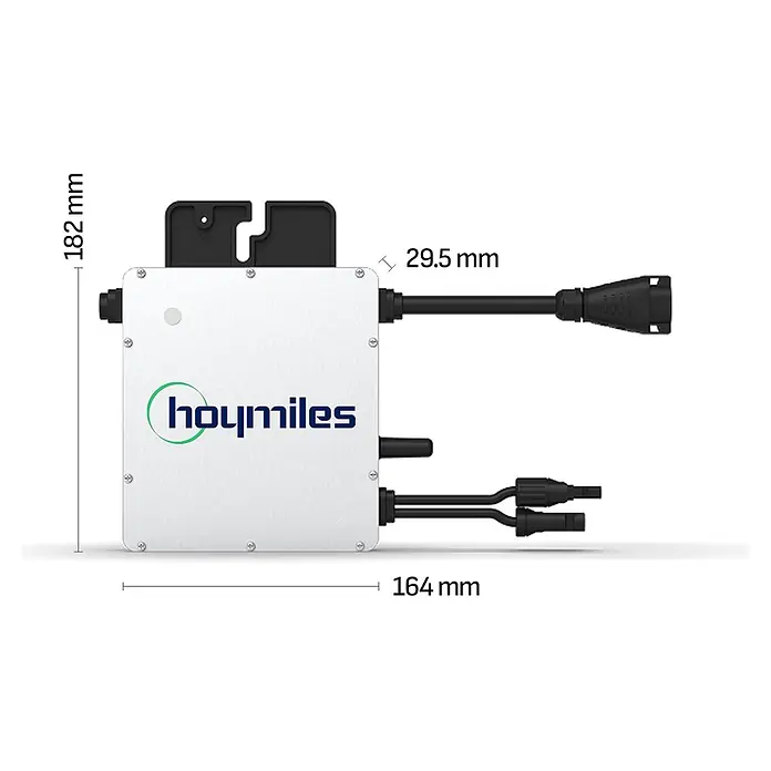 Sunniva Balkonkraftwerk-Set 1000 / 800 Watt mit HOYMILES Wechselrichter - Nennleistung: 800 W, L x B x H: 1.906 x 1.134 x 30 mm - Silberner Hoymiles Mikro-Wechselrichter mit integrierten Kabeln und Anschlüssen. Maße: 182 mm H, 164 mm B, 29,5 mm T.