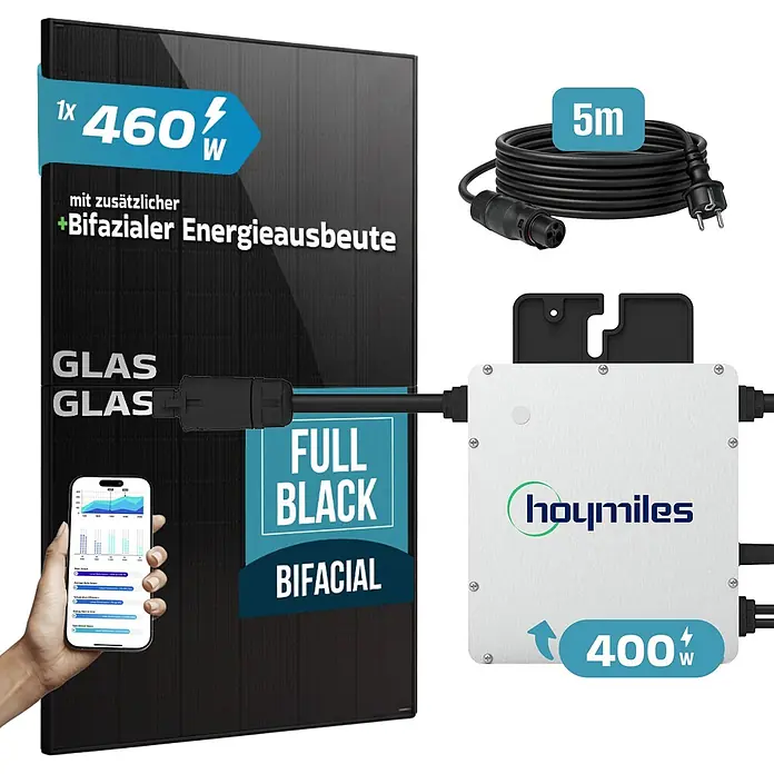 Sunniva Balkonkraftwerk-Set 460 / 400 Watt mit HOYMILES Wechselrichter - Nennleistung: 400 W, L x B x H: 1.762 x 1.134 x 30 mm - Schwarzes 460W bifaziales Glas-Glas-Solarpanel, Hoymiles 400W Mikrowechselrichter, 5m Kabel und Smartphone zur Überwachung.