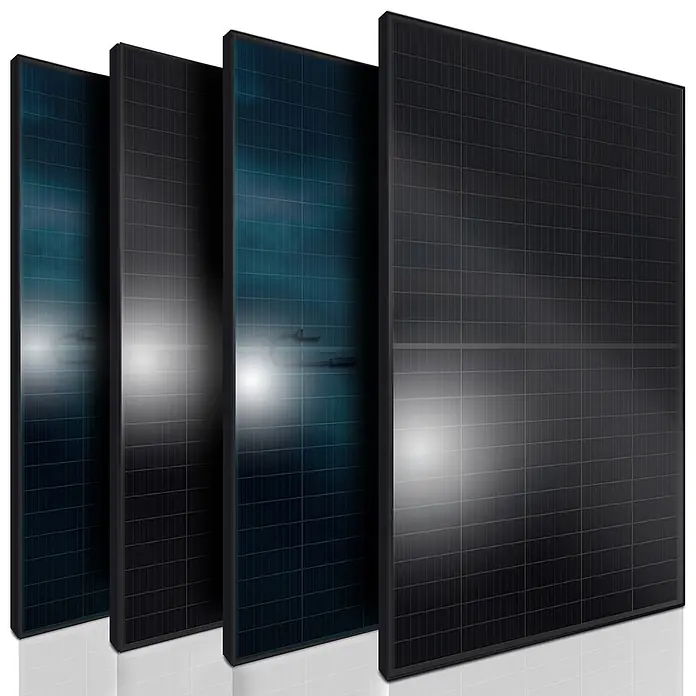 Sunniva Solarmodul 4x 460 Watt Pmax 1840W Solarpanel - Nennleistung: 1.840 W, L x B x H: 1.762 x 1.134 x 30 mm - Vier dunkle Solarmodule aufrecht stehend, mit Photovoltaikzellen und reflektierender Oberfläche. Zwei sind bläulich, zwei schwarz.