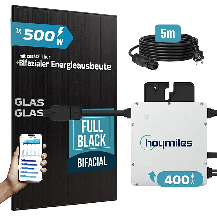 Sunniva Balkonkraftwerk-Set 500 / 400 Watt mit HOYMILES Wechselrichter - Nennleistung: 400 W - Schwarzes 500W bifaziales Glas-Glas-Solarpanel mit Hoymiles 400W Mikrowechselrichter, 5m Kabel und Smartphone-Überwachung.