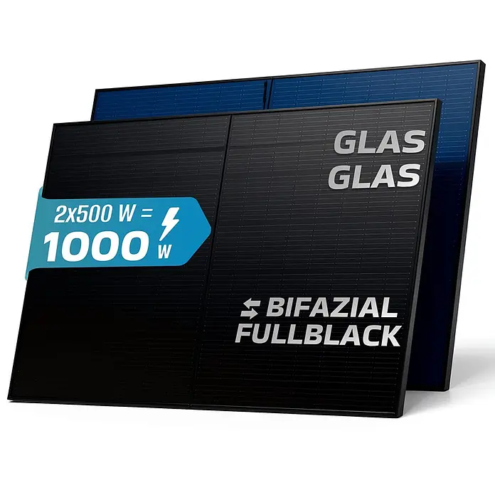 Sunniva Solarmodul 2x 500 Watt Pmax 920W Solarpanel - Nennleistung: 1.000 W - Zwei schwarze und blaue bifaziale Glas-Glas-Solarmodule, 1000W Leistung.