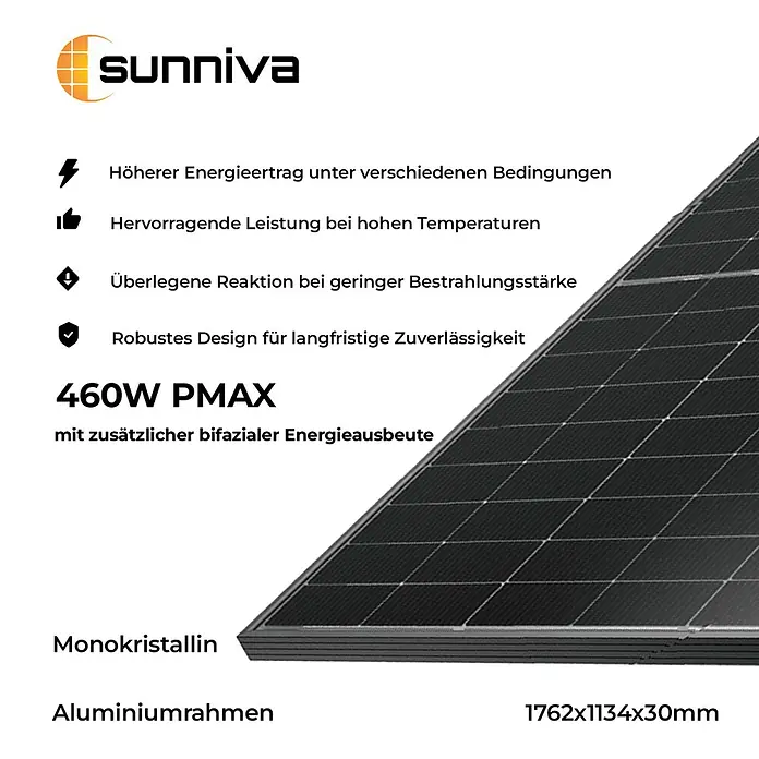 Sunniva Solarmodul 1x 460 Watt Pmax Solarpanel - Nennleistung: 460 W, L x B x H: 1.762 x 1.134 x 30 mm - Monokristallines 460W bifaziales Solarmodul mit Aluminiumrahmen.