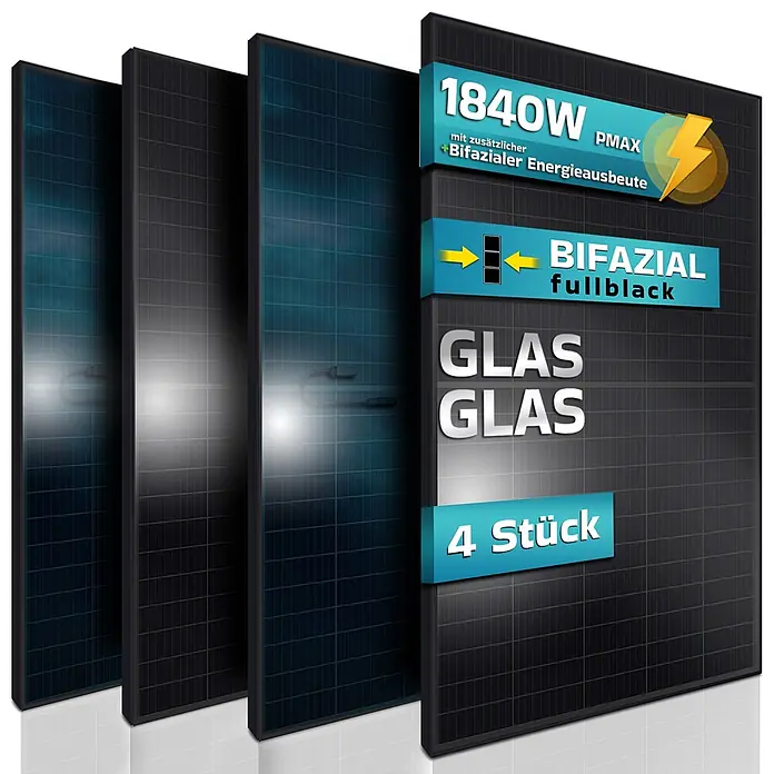 Sunniva Solarmodul 4x 460 Watt Pmax 1840W Solarpanel - Nennleistung: 1.840 W, L x B x H: 1.762 x 1.134 x 30 mm - Vier schwarze Bifazial Fullblack Glas-Glas Solarmodule, gesamt 1840W.
