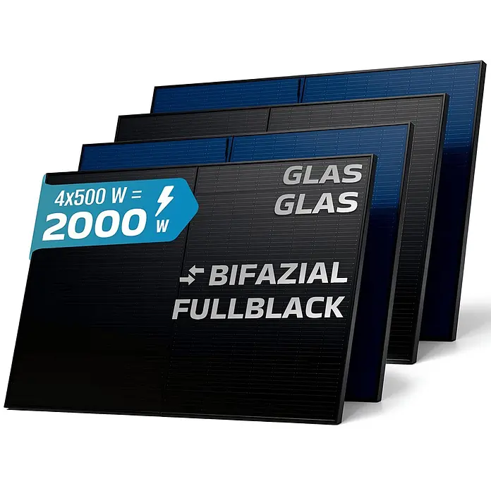 Sunniva Solarmodul 4x 500 Watt Pmax 1840W Solarpanel - Nennleistung: 2.000 W, L x B x H: 1.906 x 1.134 x 30 mm - Vier schwarze Glas-Glas bifaziale Full Black Solarmodule mit 2000W Gesamtleistung (4x 500W).
