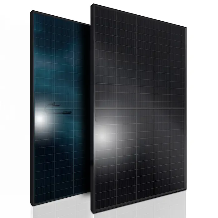 Sunniva Solarmodul 2x 460 Watt Pmax 920W Solarpanel - Nennleistung: 920 W, L x B x H: 1.762 x 1.134 x 30 mm - Zwei moderne Solarmodule, eines blaugrün und eines schwarz, mit gitterförmiger Oberfläche.