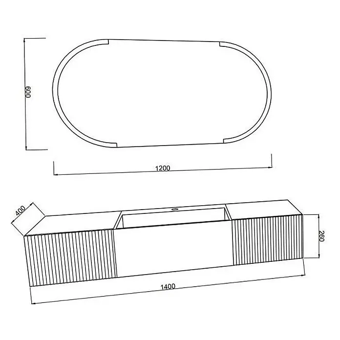 Kiamami Valentina Badmöbel-Set - Grau - Technische Zeichnung eines modernen Badmöbels mit geriffelten Seiten und integriertem Waschbecken, 1400x400x260mm.