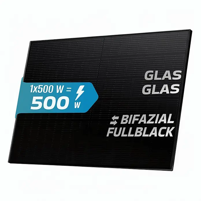 Sunniva Solarmodul 1x 500 Watt Pmax Solarpanel - Nennleistung: 500 W, L x B x H: 1.906 x 1.134 x 30 mm - Schwarzes bifaziales Glas-Glas-Solarpanel mit 500W Leistung.