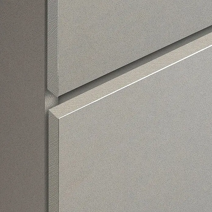 Kiamami Valentina Badmöbel-Set - Grau - Heller, strukturierter Schrankfront mit integriertem diagonalem Griff.