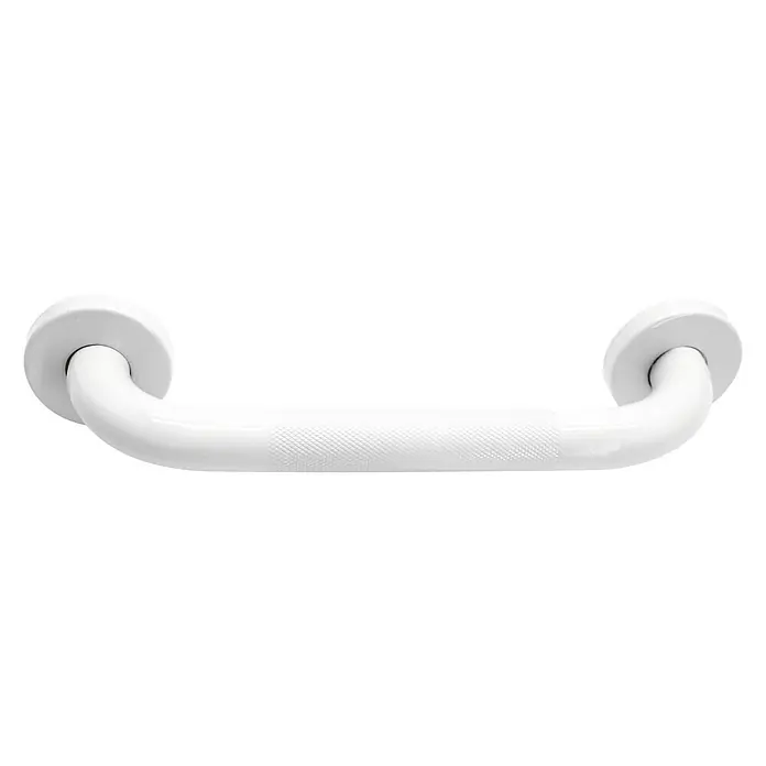 CM Baños Asidero de baño antideslizante - Acero inoxidable, Blanco - En la imagen se muestra una barra de apoyo para baño diseñada para proporcionar seguridad. El producto es blanco y tiene una superficie texturizada.