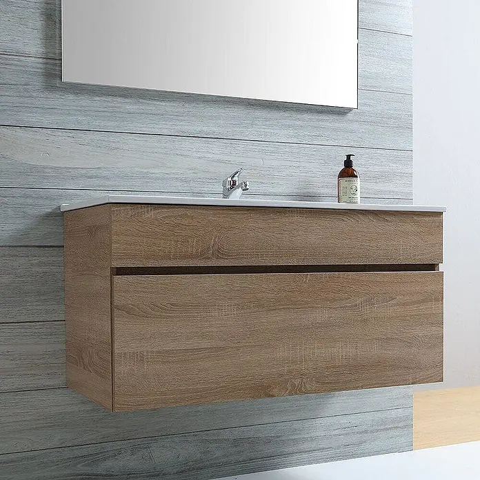 Kiamami Valentina Badmöbel-Set - Helles Holz - Schwebender Badezimmerschrank in heller Holzoptik mit integriertem Waschbecken, Armatur und zwei Schubladen.