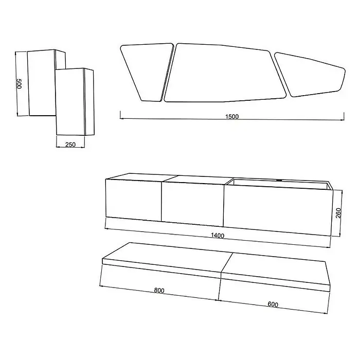 Kiamami Valentina Badmöbel-Set - Holz mittel - Technische Zeichnung eines modularen Möbelsystems mit verschiedenen rechteckigen und unregelmäßig geformten Komponenten für Sitz- und Stauraum.