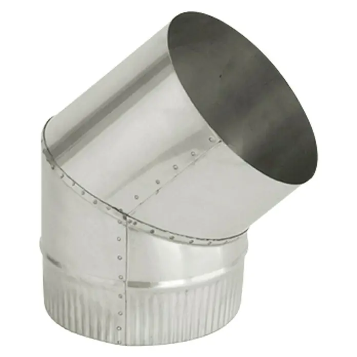 Codo para tubos galvanizado - 175 mm, 45 °, Zincado, Plateado - Un codo de tubo de estufa metálico brillante de color plata con detalles de remaches que facilita un cambio de dirección.