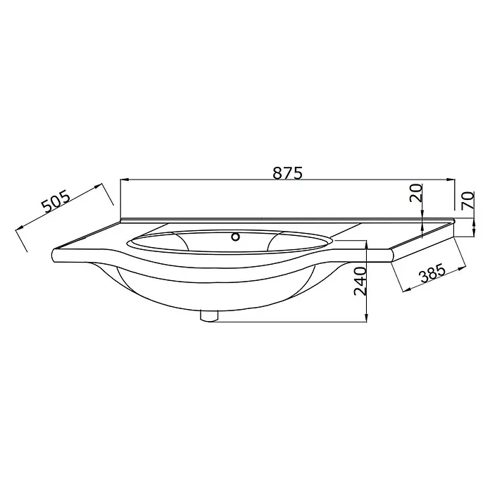 Kiamami Valentina Badmöbel-Set - Helles Holz - Technisches Diagramm eines einzelnen Waschbeckens mit Längen-, Breiten- und Tiefenmaßen.