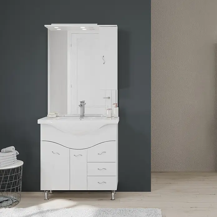 Kiamami Valentina Badmöbel-Set - Weiß - Weißer Waschtisch-Set mit Waschbecken, Spiegelschrank und Schubladen.