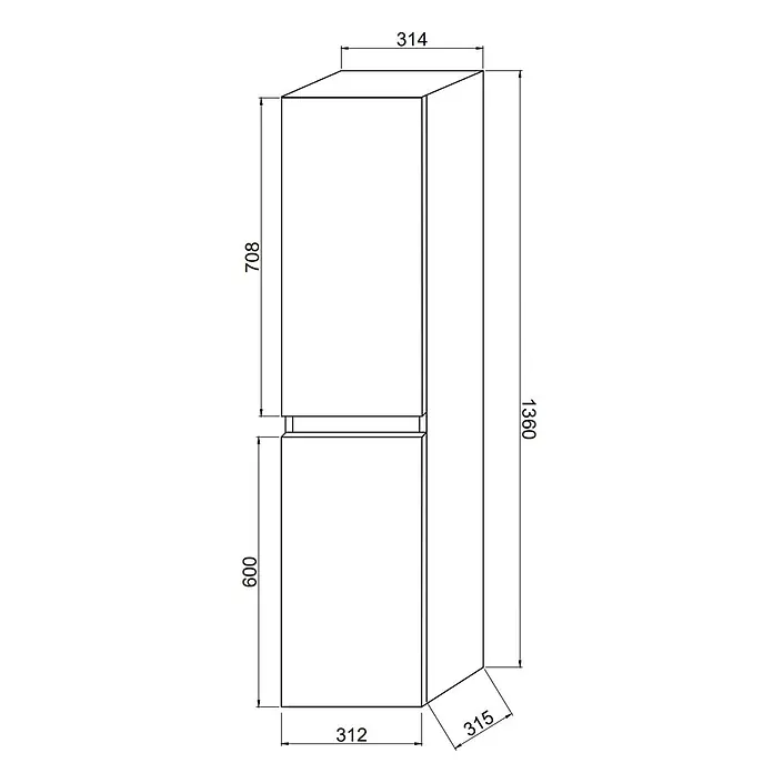Kiamami Valentina Badmöbel-Set - Grau - Technische Zeichnung eines zweitürigen Schranks mit Gesamtabmessungen von 1360x314x315 mm.